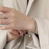 S925 Silver Bracelet Retro Double-Layer Box Link Chain Asymmetric Charm Bracelet