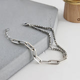 S925 Silver Bracelet Retro Double-Layer Box Link Chain Asymmetric Charm Bracelet