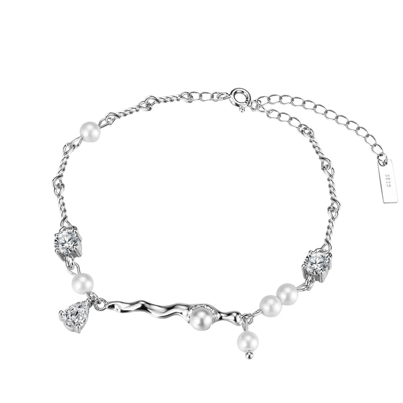 S925 Silver Pearl Bracelet Zircon Charms Wedding Jewelry