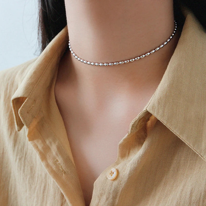 S925 Silver Choker Necklace Oval Beads Chain Classic Clavicle Necklace