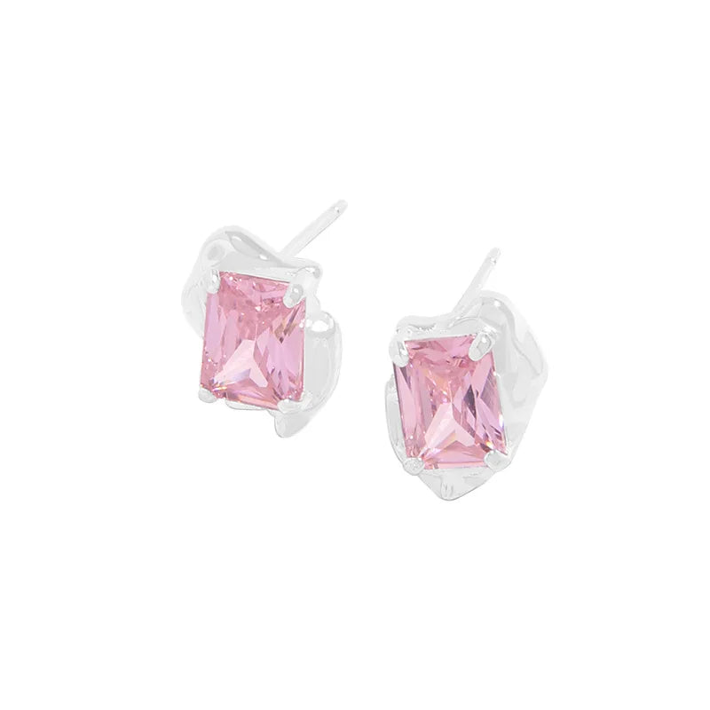 Zircon S925 Silver Stud Earrings Pink Green Zirconia Wedding Jewels