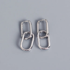 925 Silver Oval Drop Earrings Geometry Metallic Style Hoops