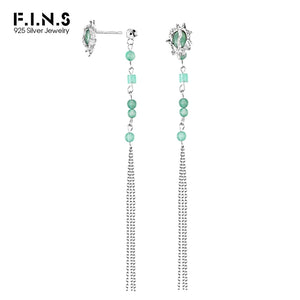 F.I.N.S Green Aventurine Jade Tassel Chain Earrings 100% S925 Sterling Silver