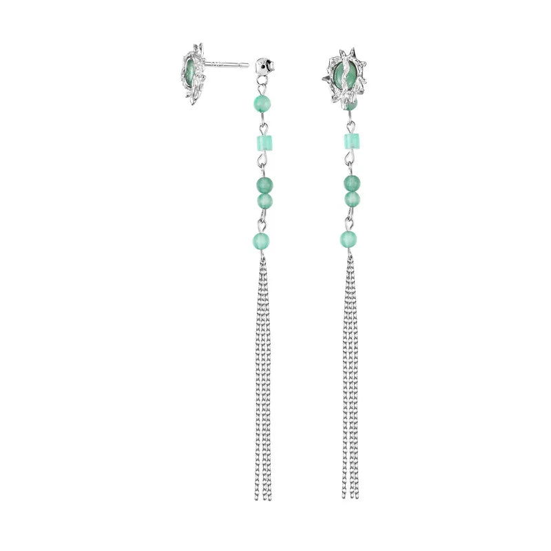 F.I.N.S Green Aventurine Jade Tassel Chain Earrings 100% S925 Sterling Silver
