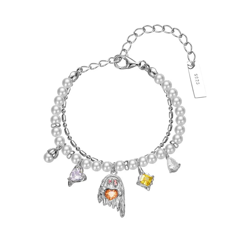 F.I.N.S Halloween Ghost Silver Bracelet Zircon Pearl Charms Jewelry