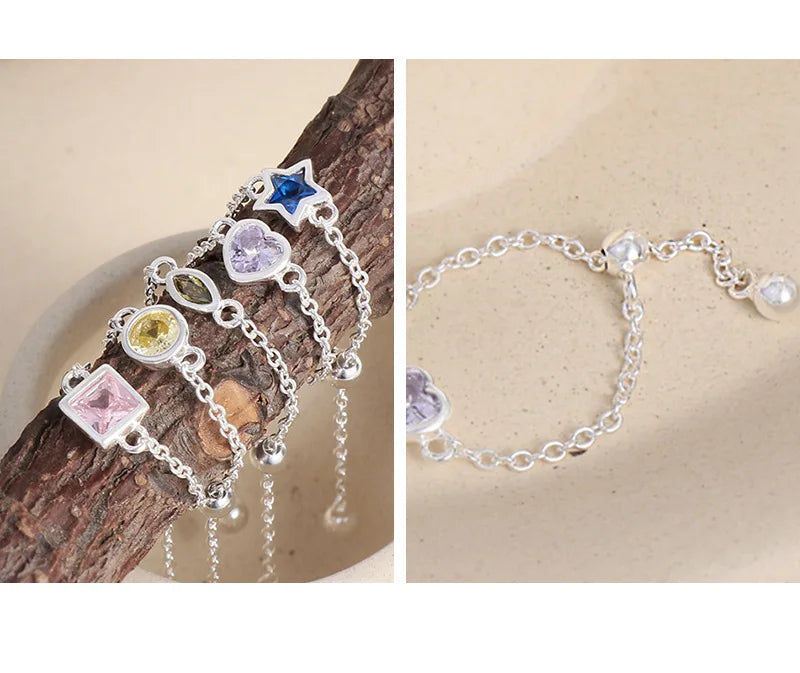 Geometric Colored Zircon Pure S925 Sterling Silver Adjustable Bead Ring