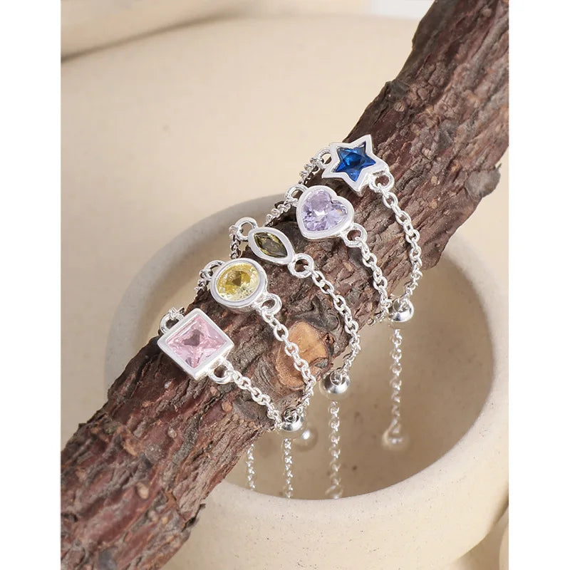 Geometric Colored Zircon Pure S925 Sterling Silver Adjustable Bead Ring