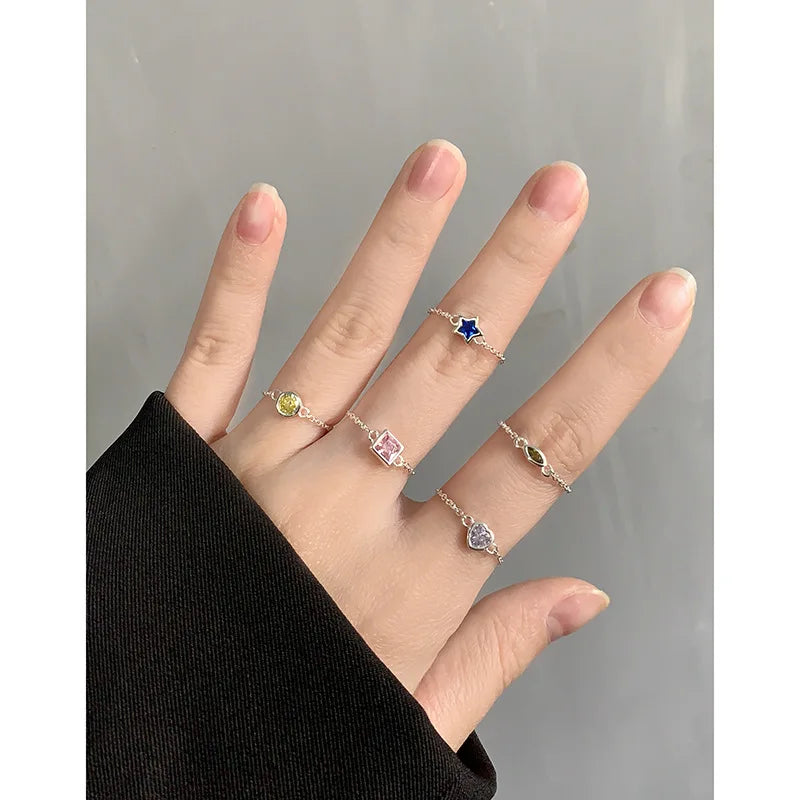 Geometric Colored Zircon Pure S925 Sterling Silver Adjustable Bead Ring