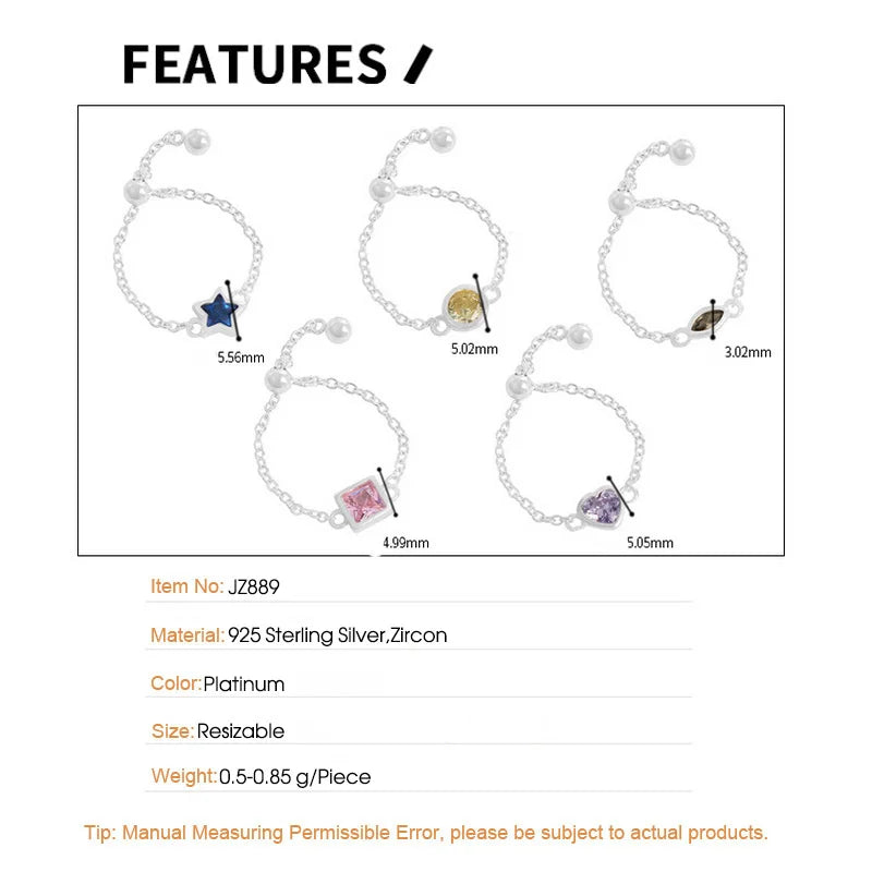 Geometric Colored Zircon Pure S925 Sterling Silver Adjustable Bead Ring