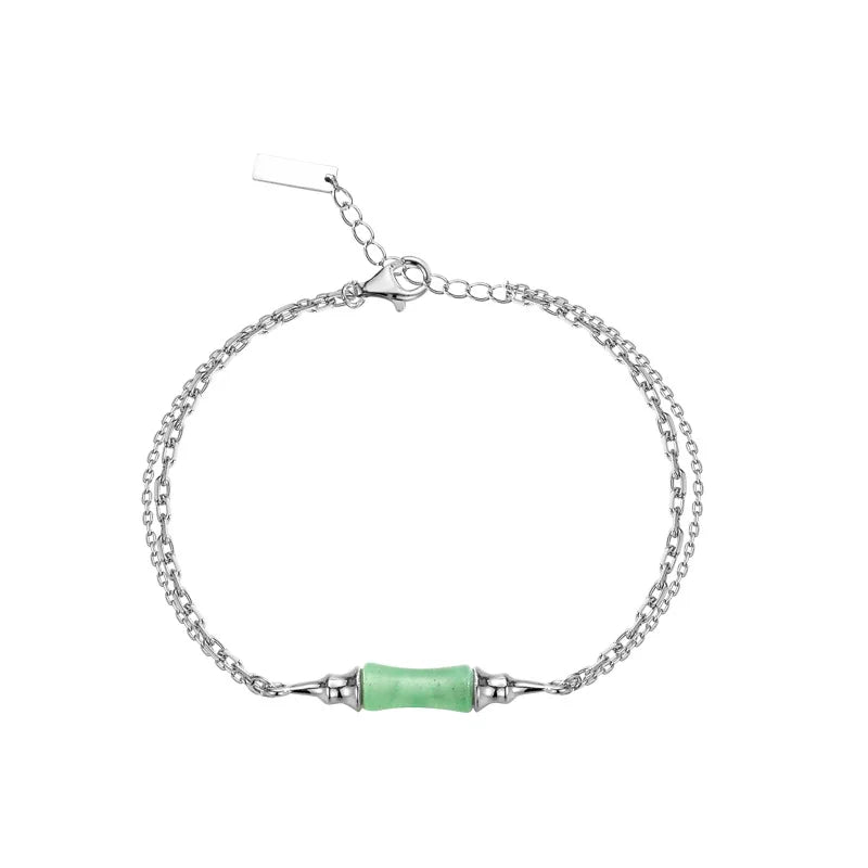 Chinese Green Bamboo Aventurine Jade Bracelet S925 Sterling Silver Double Chain