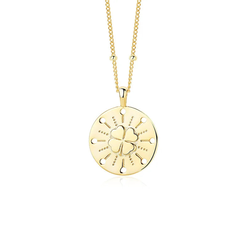925 Sterling Silver Clover Necklace Round Coin Pendant Fine Jewelry