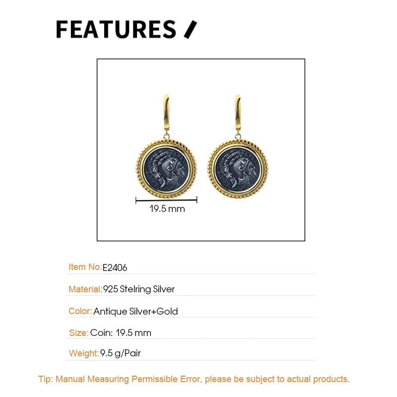 S925 Silver Portrait Ancient Coin Double Side Vintage Dangle Earrings