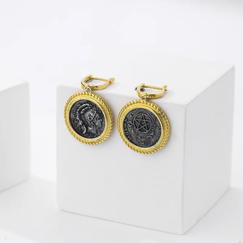 S925 Silver Portrait Ancient Coin Double Side Vintage Dangle Earrings