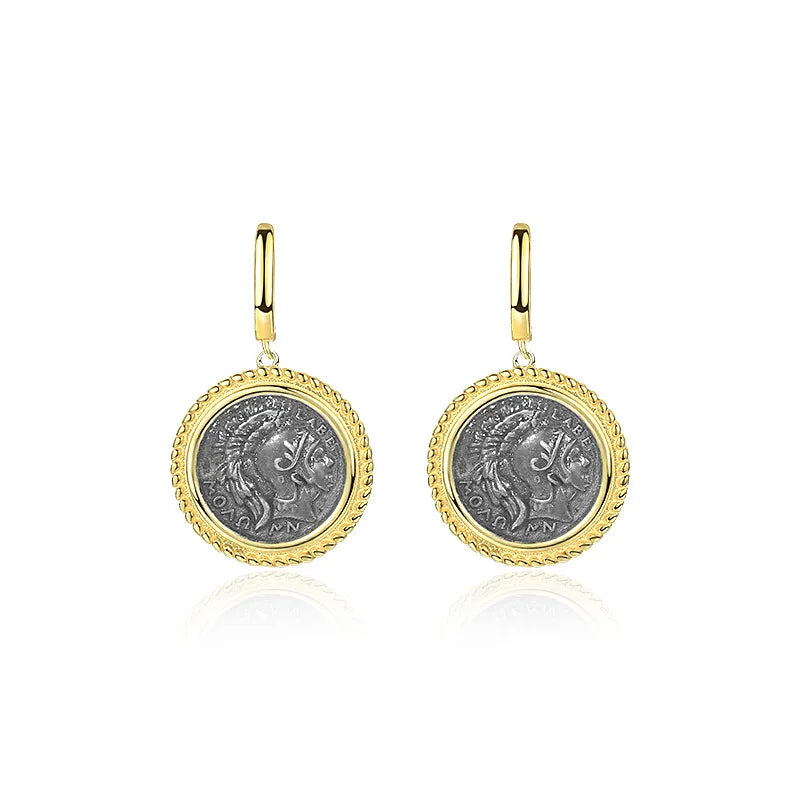 S925 Silver Portrait Ancient Coin Double Side Vintage Dangle Earrings