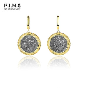 S925 Silver Portrait Ancient Coin Double Side Vintage Dangle Earrings
