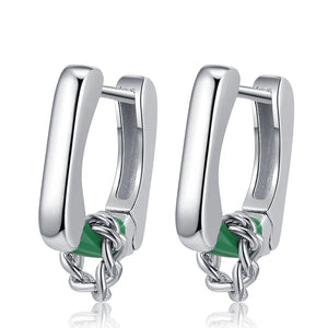 F.I.N.S S925 Sterling Silver Green Enamel Chain Hoop Earrings