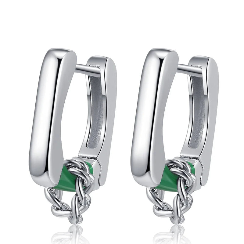 F.I.N.S S925 Sterling Silver Green Enamel Chain Hoop Earrings