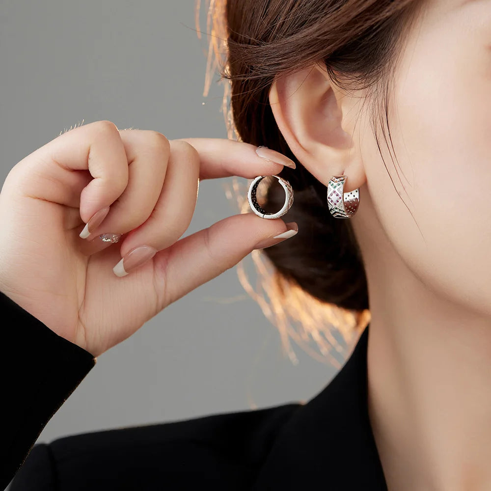 S925 Silver Zircon Hoop Earrings Geometric Lattice Design