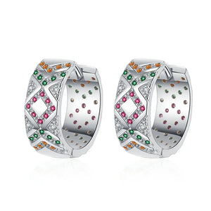 S925 Silver Zircon Hoop Earrings Geometric Lattice Design