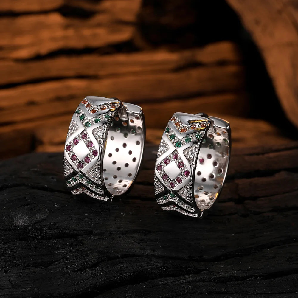 S925 Silver Zircon Hoop Earrings Geometric Lattice Design