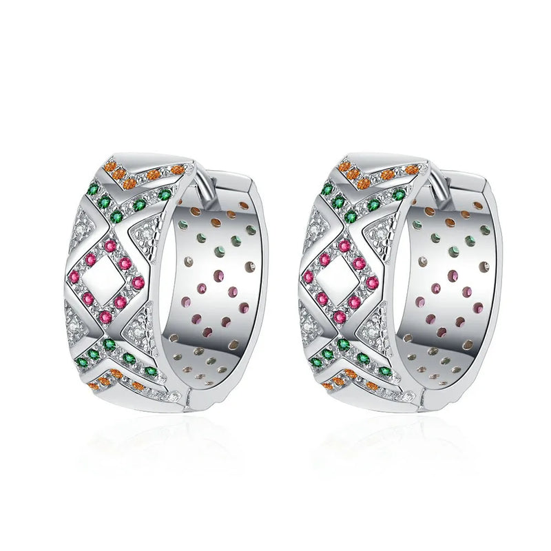 S925 Silver Zircon Hoop Earrings Geometric Lattice Design