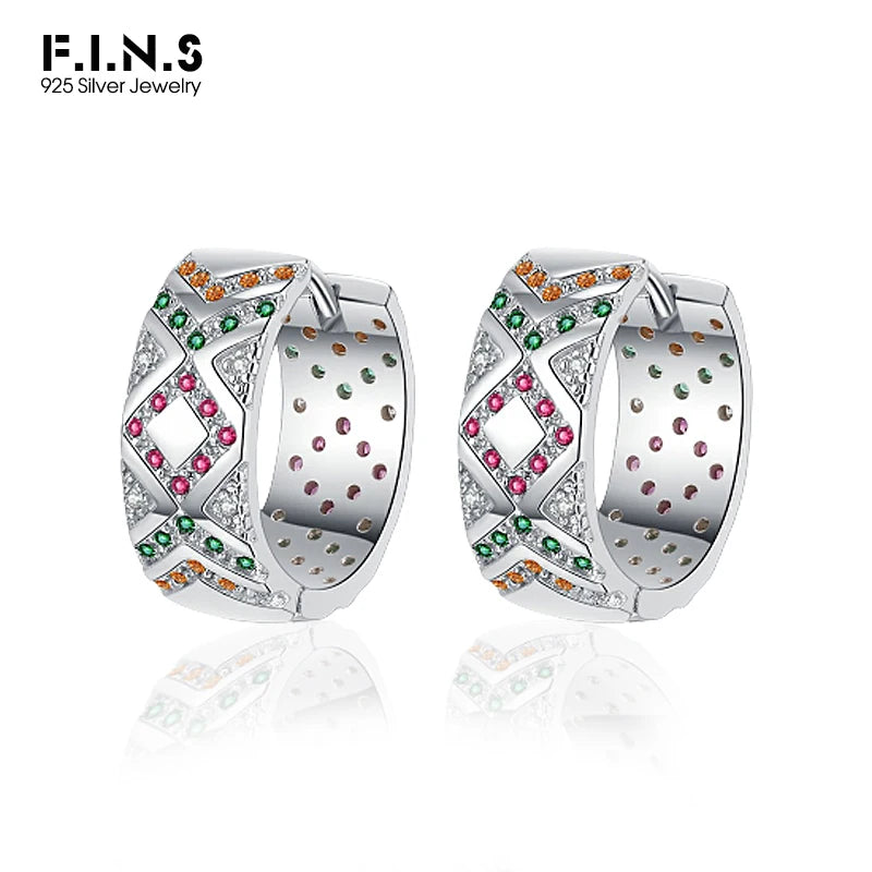 S925 Silver Zircon Hoop Earrings Geometric Lattice Design