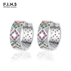 S925 Silver Zircon Hoop Earrings Geometric Lattice Design
