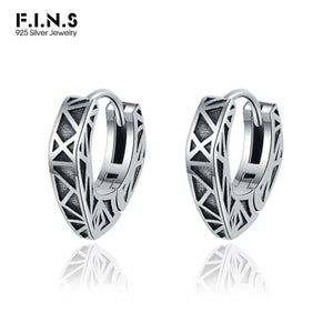 S925 Sterling Silver Geometric Relief Hoop Earrings Retro Style Heart Ear Buckle
