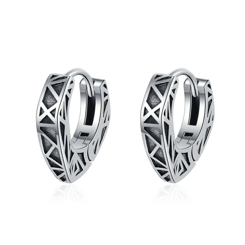 S925 Sterling Silver Geometric Relief Hoop Earrings Retro Style Heart Ear Buckle