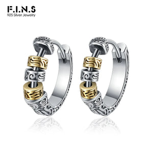F.I.N.S S925 Silver Relief Beads Hoop Earrings Retro Round Ear Buckle