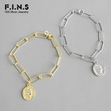 F.I.N.S Silver 925 Link Chain Bracelet Golden Portrait Coin Pendant