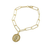 F.I.N.S Silver 925 Link Chain Bracelet Golden Portrait Coin Pendant