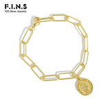 F.I.N.S Silver 925 Link Chain Bracelet Golden Portrait Coin Pendant