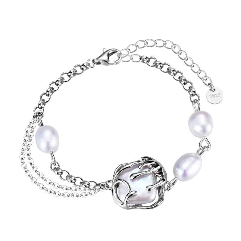 Baroque Pearl Bracelet S925 Sterling Silver Layered Chains