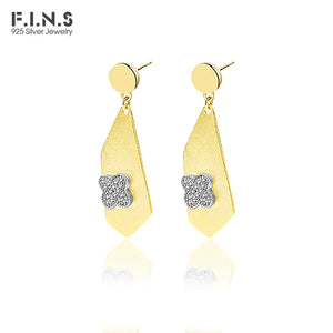 925 Silver Geometric Drop Earrings with Zircon, Clover Design