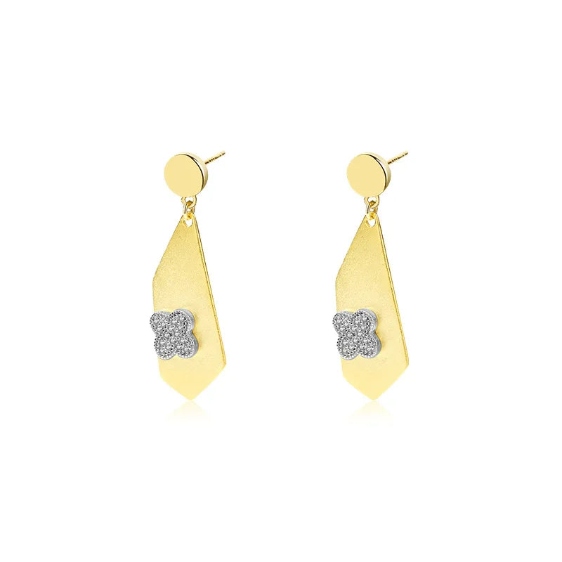 925 Silver Geometric Drop Earrings with Zircon, Clover Design