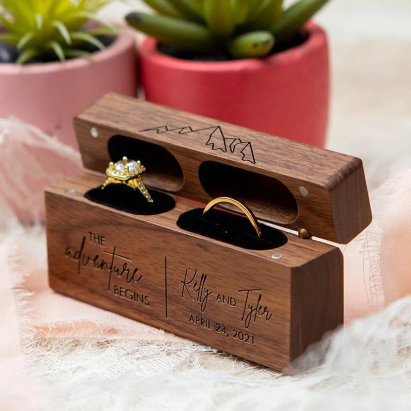 Modern Wood Ring Box for 2 Rings Wedding Ring Bearer Box with Lid