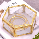 Hexagon Brass Glass Ring Trinket Box Mirror - Wedding Ring Box