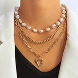 Vintage Crystal Pearl Pendant Necklace Statement Chain Layered Necklace