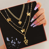 Vintage Layered Pendant Necklace Butterfly Love Chain Women's Jewelry