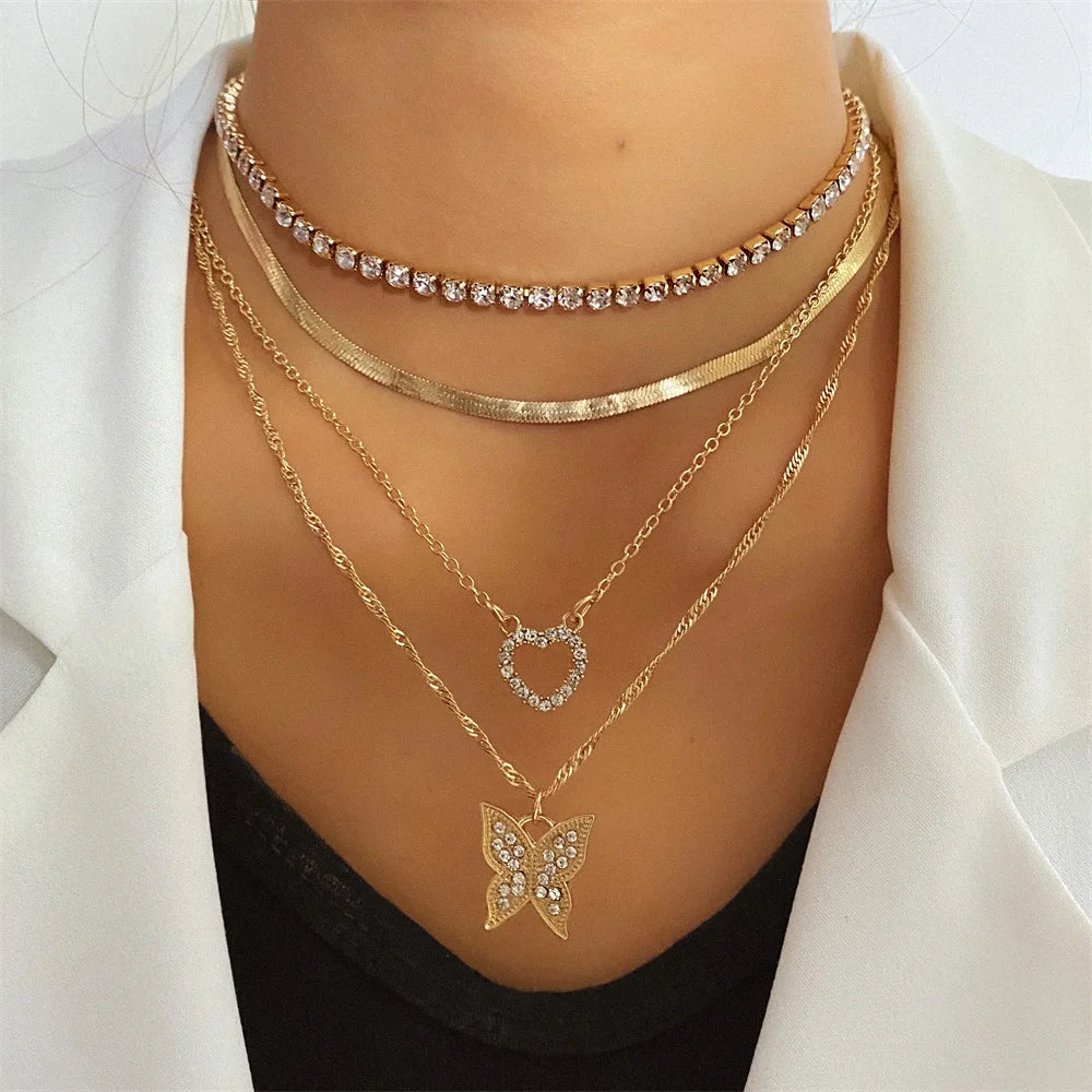 Vintage Layered Pendant Necklace Butterfly Love Chain Women's Jewelry