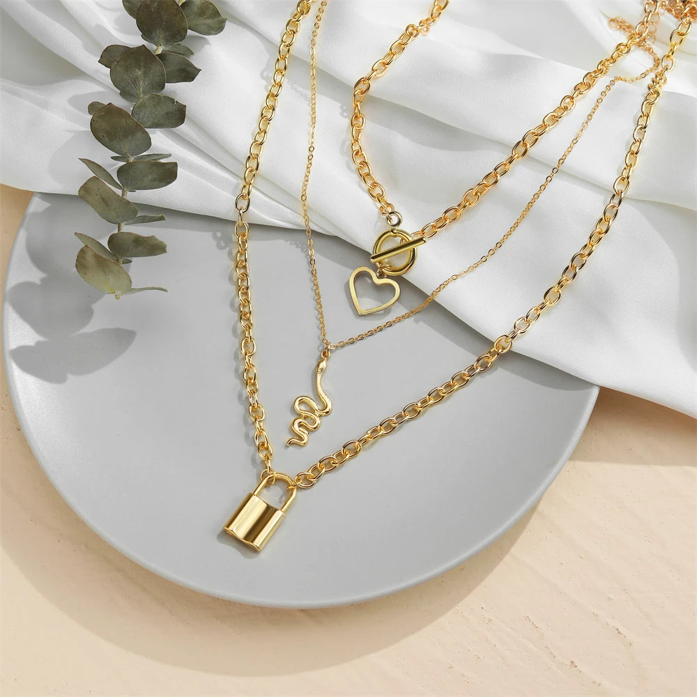 Vintage Lock Snake Heart Pendant Necklaces for Women Long Chain