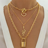 Vintage Lock Snake Heart Pendant Necklaces for Women Long Chain