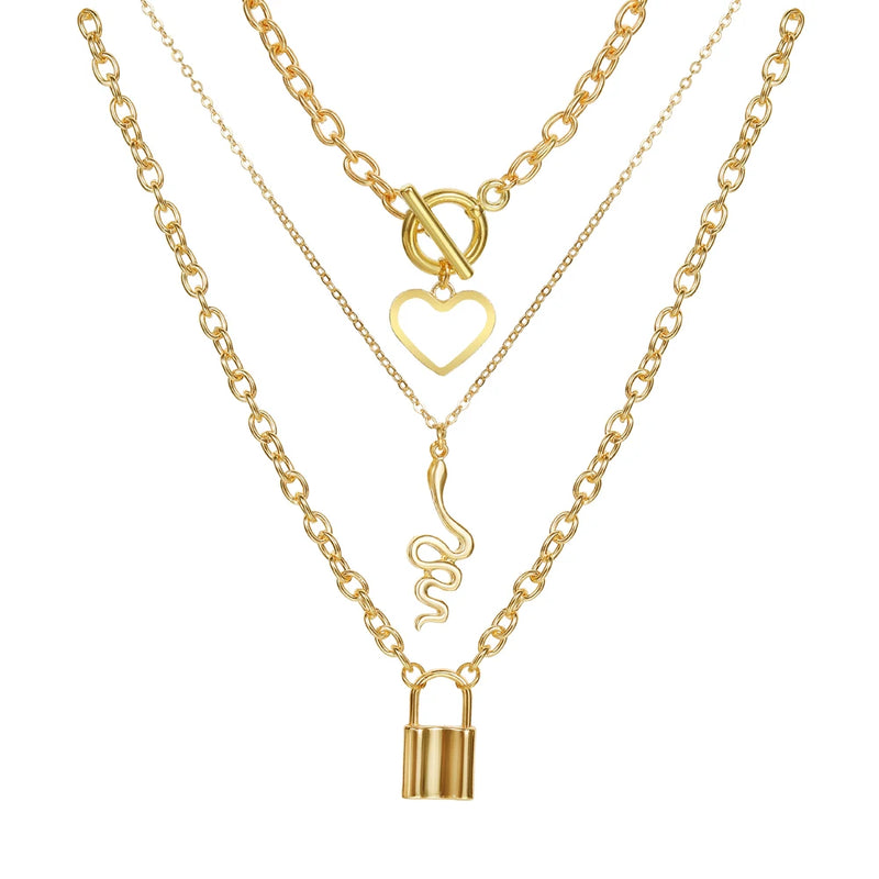 Vintage Lock Snake Heart Pendant Necklaces for Women Long Chain
