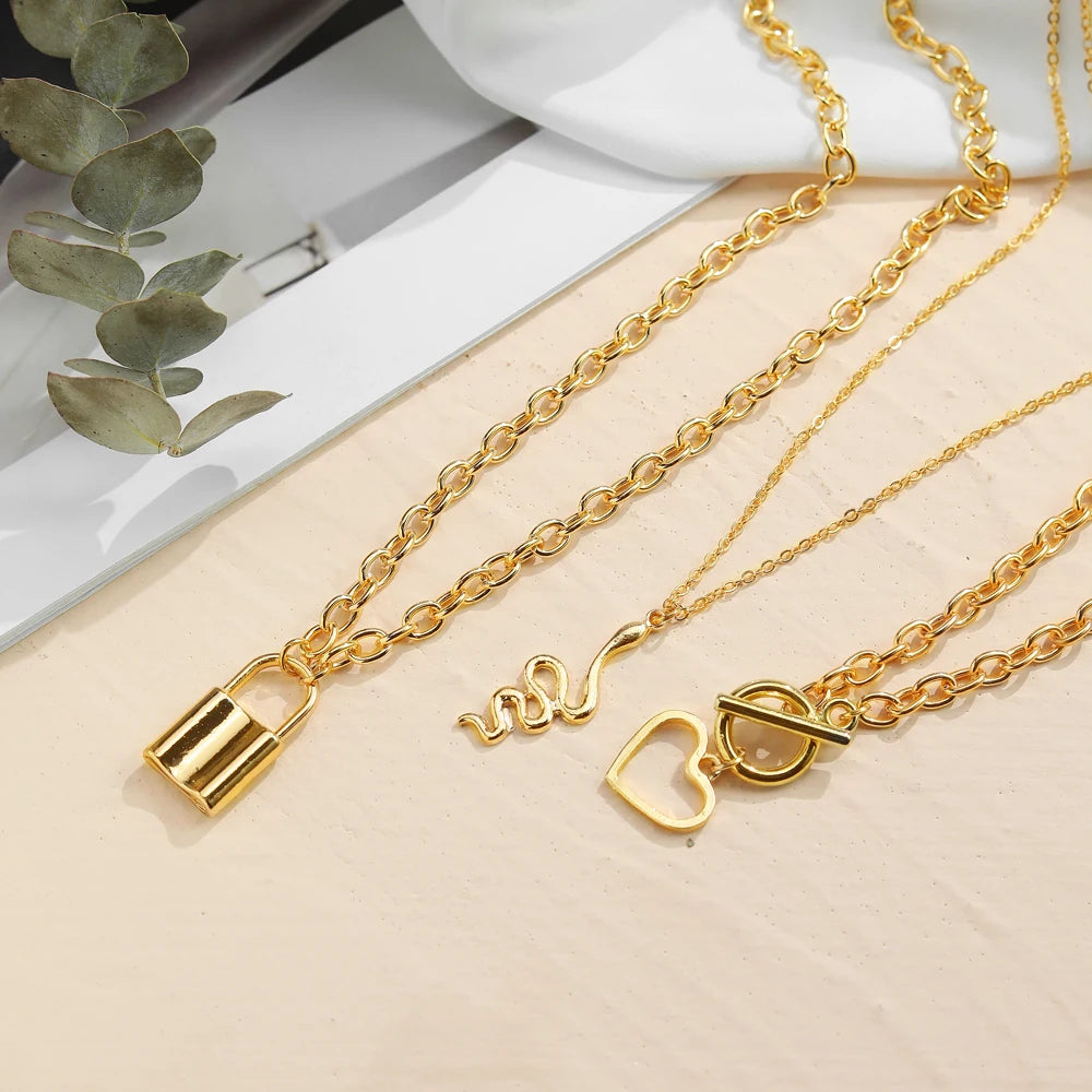 Vintage Lock Snake Heart Pendant Necklaces for Women Long Chain