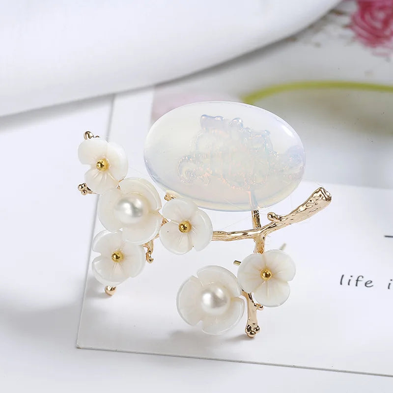 Vintage Natural Stone Plum Brooch Pin for Women