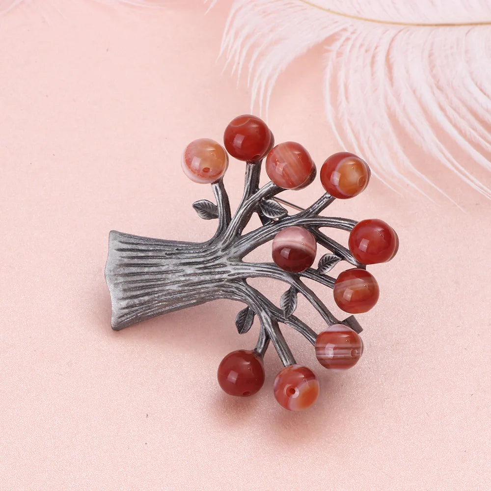 Vintage Natural Agate Tree Brooch Pin for Women