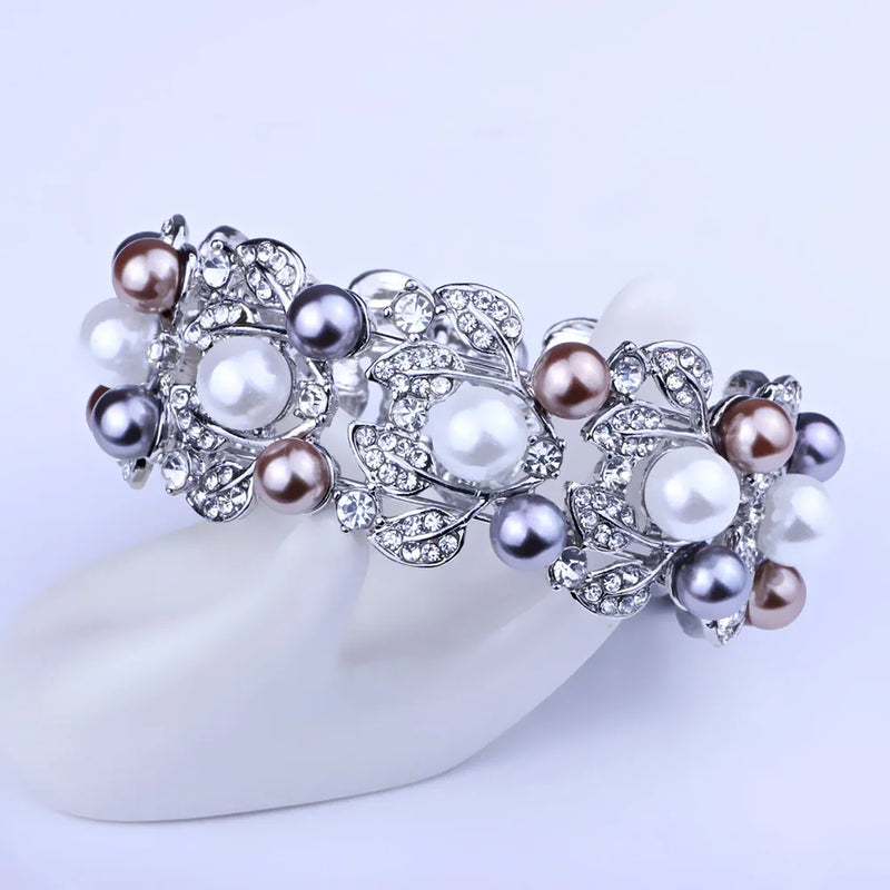 Silver Flower Cuff Bangle Rhinestone Crystal Bracelet