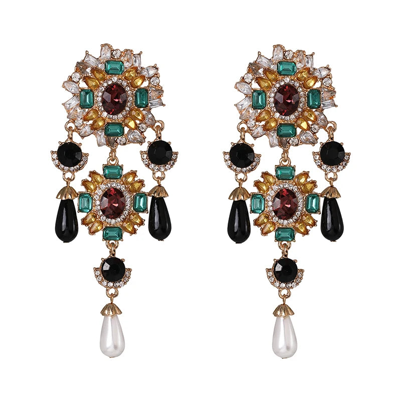 Vintage Simulated Pearls Earrings Crystal Statement Dangle Drop Earring