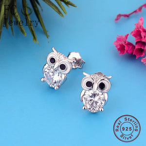925 Silver Owl Zirconia Stud Earring Enamel Eye Piercing Brinco